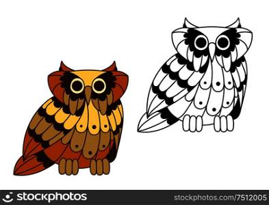 Cartoon isolated owl bird character with brown and outline variations. Cartoon isolated owl bird character