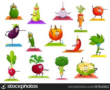 Cartoon isolated vegetable characters. Yoga and pilates fitness sport exercises, vector healthy food. Cute fresh farm tomato, pepper, carrot, radish and garlic, zucchini, avocado, broccoli veggies. Cartoon vegetable characters doing yoga, pilates