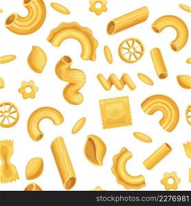 Cartoon italian pasta, dough food seamless pattern. Macaroni, penne, fusilli and spiral shapes. Cuisine cooking wallpaper vector background. Traditional culinary products assortment. Cartoon italian pasta, dough food seamless pattern. Macaroni, penne, fusilli and spiral shapes. Cuisine cooking wallpaper vector background