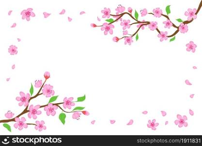 Cartoon japanese cherry blossom and falling petals background. Sakura branches with pink flowers banner Blooming spring tree vector frame. Japanese traditional plant with beautiful buds. Cartoon japanese cherry blossom and falling petals background. Sakura branches with pink flowers banner Blooming spring tree vector frame