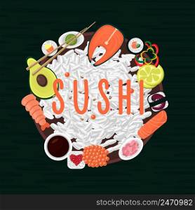 Cartoon japanese food concept with ingredients for sushi preparation in circle isolated vector illustration. Cartoon Japanese Food Concept