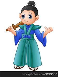 Cartoon japanese samurai warrior with wooden sword