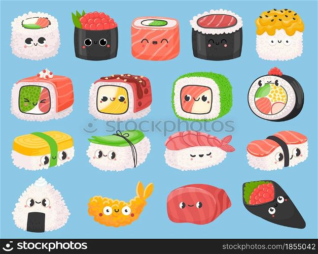 Cartoon japanese sushi, rolls and shrimp tempura with kawaii faces. Cute asian food nigiri with salmon. Onigiri funny characters vector set. Asian cuisine with fish ingredients and emotion expression