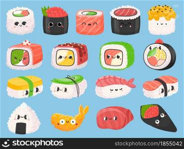 Cartoon japanese sushi, rolls and shrimp tempura with kawaii faces. Cute asian food nigiri with salmon. Onigiri funny characters vector set. Asian cuisine with fish ingredients and emotion expression