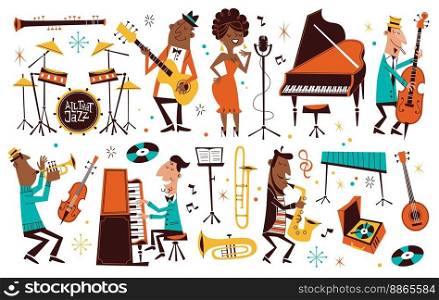 Cartoon jazz music. Cute professional musicians with instruments, comic funny characters, orchestra performance, singer, saxophonist and pianist, drums guitar and flute, tidy vector isolated set. Cartoon jazz music. Cute professional musicians with instruments, comic funny characters, orchestra performance, singer, saxophonist and pianist, drums guitar and flute, tidy vector set