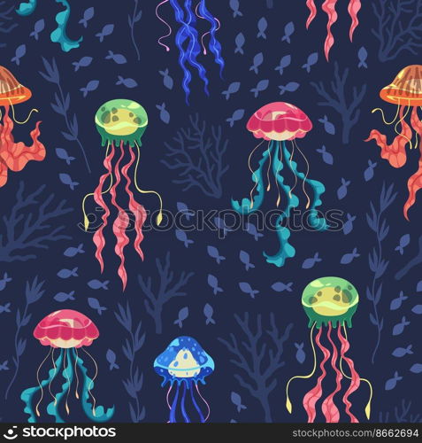 Cartoon jellyfish seamless pattern. Bright glowing ocean animals, transparent scalding creatures, sea fish flock, underwater marine backdrop. Decor textile, wrapping paper, tidy vector background. Cartoon jellyfish seamless pattern. Bright glowing ocean animals, transparent scalding creatures, sea fish flock, underwater marine. Decor textile, wrapping paper, tidy vector background