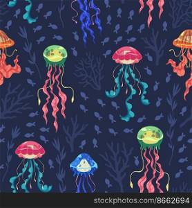 Cartoon jellyfish seamless pattern. Bright glowing ocean animals, transparent scalding creatures, sea fish flock, underwater marine backdrop. Decor textile, wrapping paper, tidy vector background. Cartoon jellyfish seamless pattern. Bright glowing ocean animals, transparent scalding creatures, sea fish flock, underwater marine. Decor textile, wrapping paper, tidy vector background