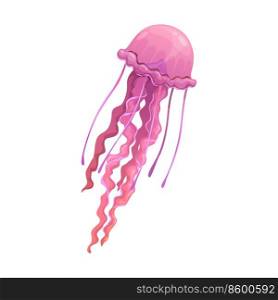 Cartoon jellyfish underwater animal, isolated vector medusa. Jelly fish with pink body and long tentacles. Tropical sea and ocean fauna creature, sealife. Cartoon jellyfish underwater animal, vector medusa