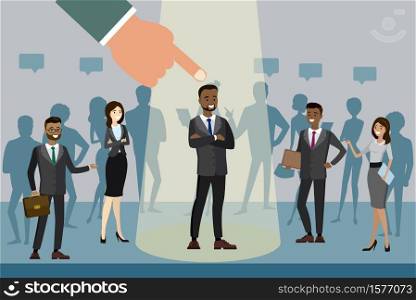 Cartoon job candidate won and stands in spotlight, human resource recruitment concept,silhouettes of people on the background,flat vector illustration. Cartoon businessman stand out from crowd spotlight