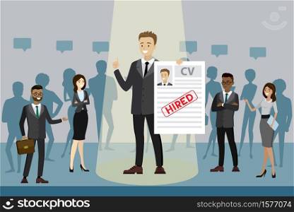 Cartoon job candidate won and stands in spotlight,male with resume, human resource recruitment concept,silhouettes of people on the background,flat vector illustration. male with resume, human resource recruitment concept
