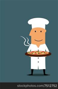 Cartoon joyful baker in white chef hat carrying fresh baked hot pepperoni pizza on wooden plate. Baker in white hat with hot pepperoni pizza