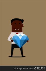 Cartoon joyful smiling african american businessman with huge diamond in hands, for wealth or success concept design. Happy cartoon businessman with big diamond