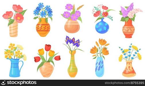 Cartoon jug with flower. Blooming flowers in vases, colorful vase with bouquet spring plant, home floral pitcher lilac and tulips, bottle water flowerpot, vector illustration. Blossom cartoon vase. Cartoon jug with flower. Blooming flowers in vases, colorful vase with bouquet spring plant, home floral pitcher lilac and tulips, bottle water flowerpot, neat vector illustration