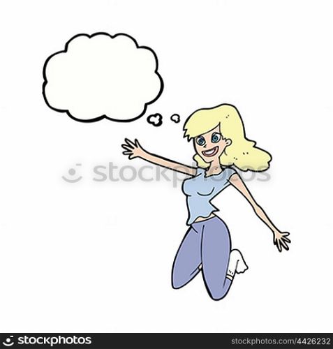 cartoon jumping woman with thought bubble