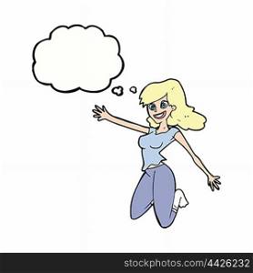 cartoon jumping woman with thought bubble
