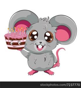 Cartoon kawaii anime grey mouse or rat with chocolate cake design.
