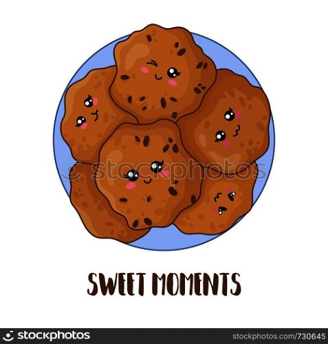 Cartoon kawaii dessert - plate of delicious chocolate cookies on white background, card template with food and phrase - sweet moment, cute characters. Vector flat . Kawaii Food Collection