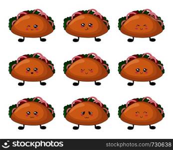 Cartoon kawaii fast food - set of tacos with different emoji on white background, card template, cute character. Tortilla with filling, Mexican cuisine. Vector flat illustration. Kawaii Food Collection