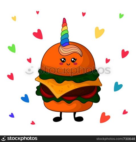 Cartoon kawaii fast food - unicorn hamburger on white background, card template with cute character with rainbow horn. Vector flat illustration. Kawaii Food Collection