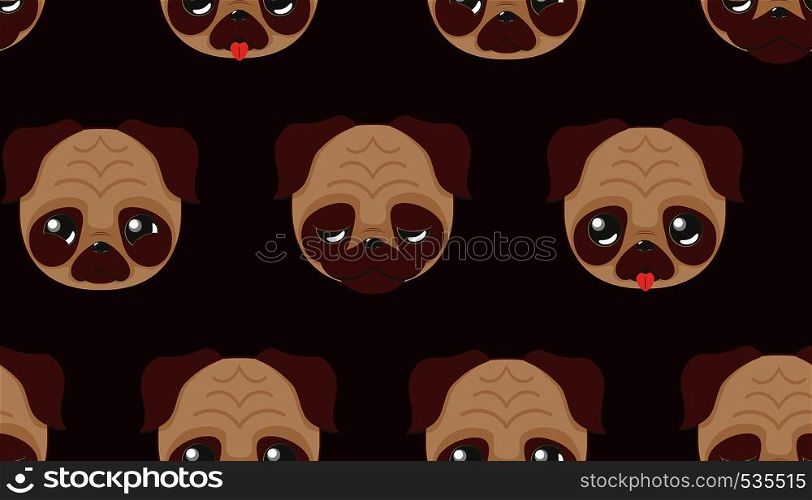 Cartoon kawaii pug face in different expressions illustration.