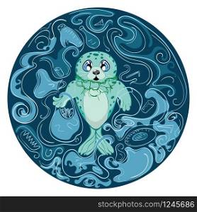 Cartoon kawaii seal with net around its neck surrounded by plastic waste, ocean pollution themed design.