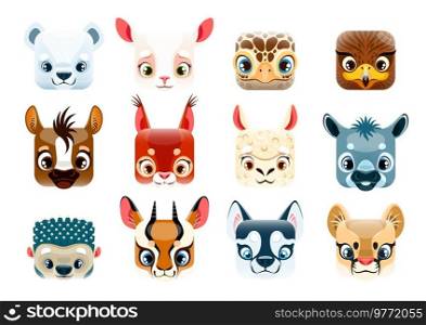 Cartoon kawaii square animal faces, emoticons and smiles, vector icons. Cute happy kawaii animals emoji of bear, turtle, eagle bird and baby deer with squirrel, wolf or donkey and lama or sheep lamb. Cartoon kawaii square animal faces and emoticons