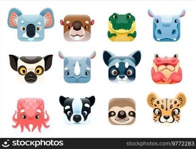 Cartoon kawaii square animal faces, emoticons smiles and emoji vector icons. Happy cute kawaii animal faces of koala, crocodile or beaver and octopus, smiling racoon with sloth and tiger, zoo emoji. Cartoon kawaii animal faces and smile emoticons