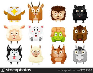Cartoon kawaii square animal faces. Isolated vector eagle, gazelle, hedgehog and puma, sheep, polar bear, turtle or horse, husky, squirrel and donkey funny pet characters. Wild and farm personages. Cartoon kawaii square animal faces, funny pets set