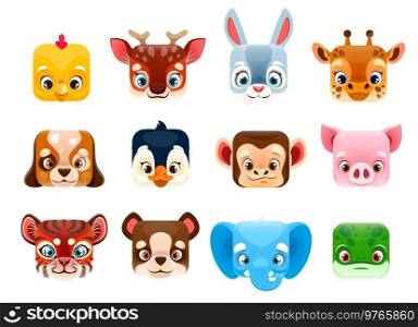 Cartoon kawaii square animal faces. Vector heads of cute dog, bear, pig and penguin, rabbit, monkey, giraffe and tiger, elephant, frog, chicken and deer. Baby animal characters for avatars, game ui. Cartoon kawaii square animal faces and heads
