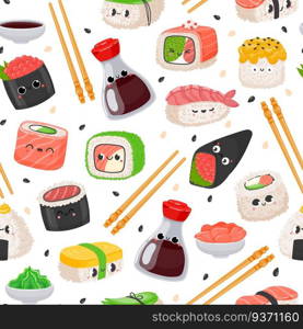 Cartoon kawaii sushi emoji character seamless pattern. Cute japanese food, rice roll with salmon, onigiri, soy sauce. Sashimi vector texture. Asian traditional cuisine with chopsticks