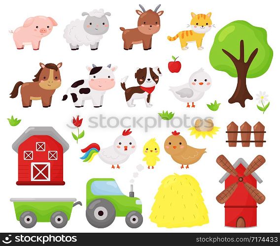 Cartoon kawaii vector set of farm animals: sheep, cow, dog, cat, horse, goat and chicken. Farm objects, barn and windmill. Illustration for kids.
