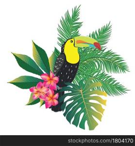 Cartoon keel-billed toucan bird with tropical leaves illustration.