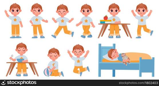 Cartoon kid boy character poses, gestures and expressions for animation. Happy school child playing, sleeping, waving and running vector set. Illustration of character boy sleep in bed and gesture. Cartoon kid boy character poses, gestures and expressions for animation. Happy school child playing, sleeping, waving and running vector set