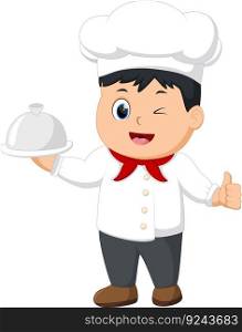 Cartoon kid chef holding a silver platter	