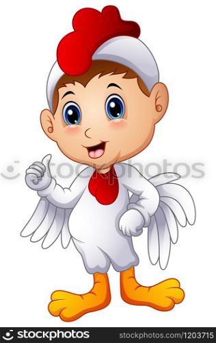 Cartoon kid in a chicken costume giving thumbs up
