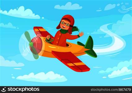 Cartoon kid pilot. Children aviator flying in airplane, little boy avia trip and airplane flight in sky. Kid character in plane, aircraft transportation game vector illustration. Cartoon kid pilot. Children aviator flying in airplane, little boy avia trip and airplane flight in sky vector illustration