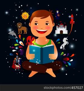 Cartoon kid reading fairy tale book. Happy boy with an open book vector illustration. Cartoon kid reading fairy tale book