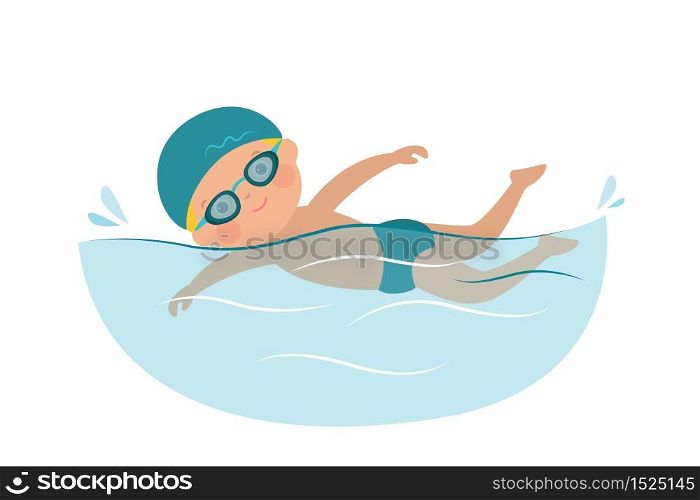 Cartoon kid swimming on a white background. Little boy swimmer in the swimming pool, kids physical activity. Flat vector illustration
