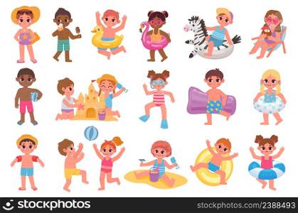 Cartoon kids at summer beach, play with ball. Illustration of child fun at beach, cartoon children at holiday, cheerful colorful summer vector. Cartoon kids at summer beach, play with ball