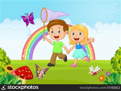 Cartoon kids catching butterfly in the jungle