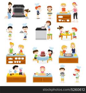 Cartoon Kids Cooking Collection. Cartoon kids cooking set with children and adults flat characters kitchen furniture equipment and food images vector illustration