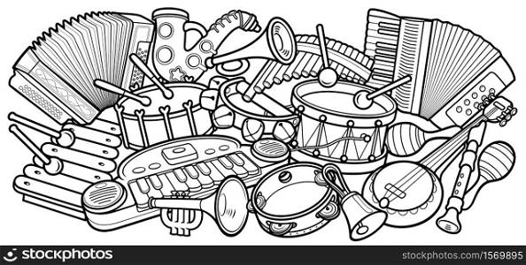 Cartoon kids cute doodles hand drawn musical instruments illustration. Many objects vector background. Funny artwork.. Cartoon kids cute doodles musical instruments
