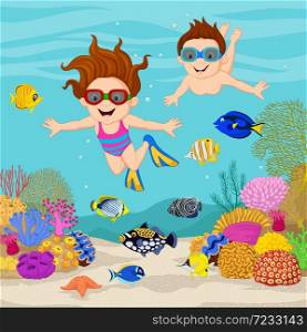 Cartoon kids diving under the tropical ocean