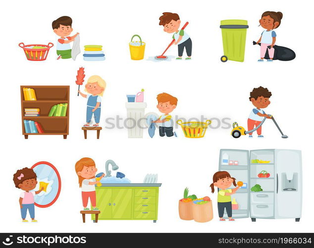 Cartoon kids doing housework, children helping with chores. Boys and ...