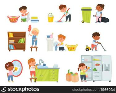 Cartoon kids doing housework, children helping with chores. Boys and girls vacuuming, dusting, washing dishes, mopping floor vector set. Character buying food and filling fridge, doing laundry