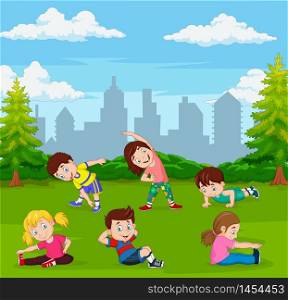 Cartoon kids doing yoga in green city park
