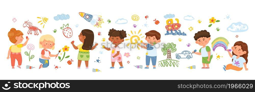 Cartoon kids drawing on wall, creative children draw with pencils or paint. Preschool characters painting colorful pictures vector illustration. Boys and girls having activity in kindergarten