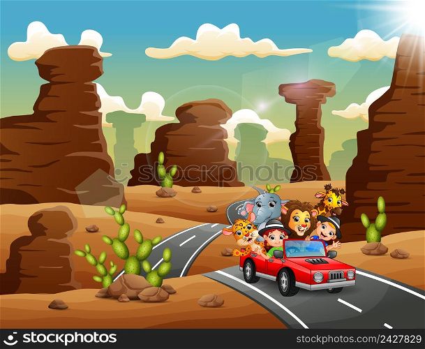 Cartoon kids driving a red car with wild animals through the desert