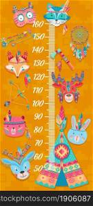Cartoon kids height chart, funny owl, wolf and fox, elk, rabbit, bear and deer Indians, vector. Kids height chart or baby growth meter with Indian boho animals, wigwam, tomahawk and dream catchers. Cartoon kids height chart, funny owl, wolf and fox