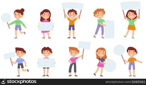 Cartoon kids hold banners, cute children with blank placards. Little boys and girls holding blank paper banners vector illustration set. Children with advertising posters. Banner and poster. Cartoon kids hold banners, cute children with blank placards. Little boys and girls holding blank paper banners vector illustration set. Children with advertising posters